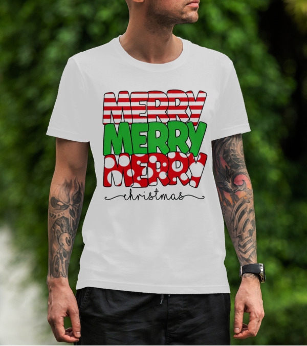 Merry Merry Merry Christmas Stripes And Polka Dots T-Shirt
