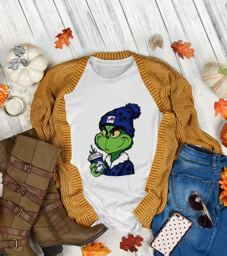 Grinch in Buffalo Bills Beanie Holding Logo Cup T-Shirt