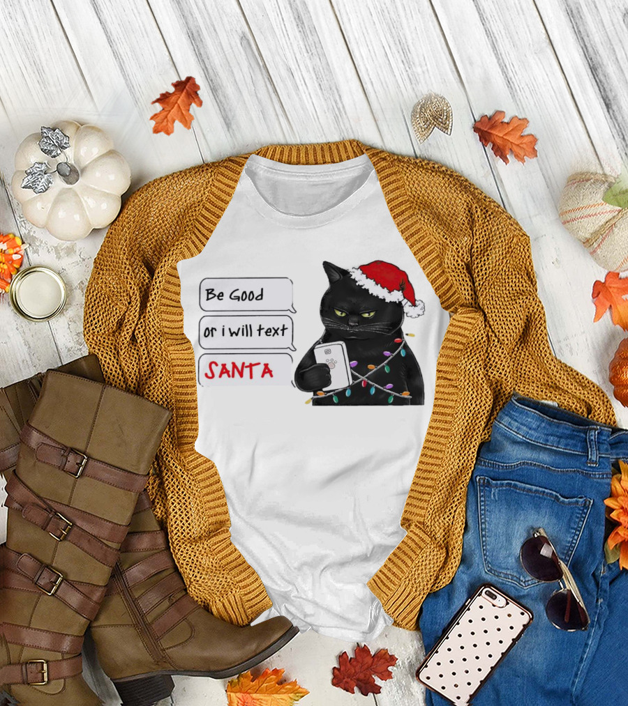 Black Cat Be Good or I Will Text Santa Christmas Lights Hat T-Shirt