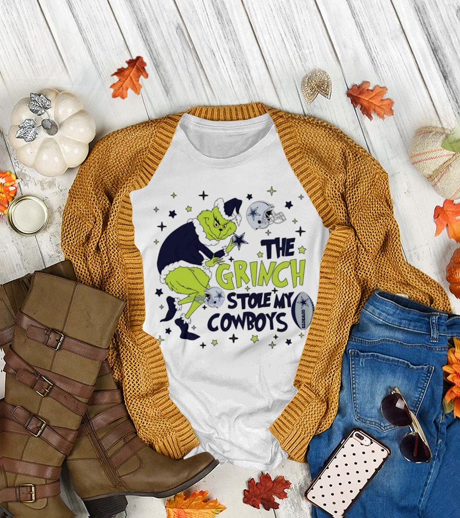 The Grinch Stole My Cowboys Christmas Football Helmet and Star T-Shirt