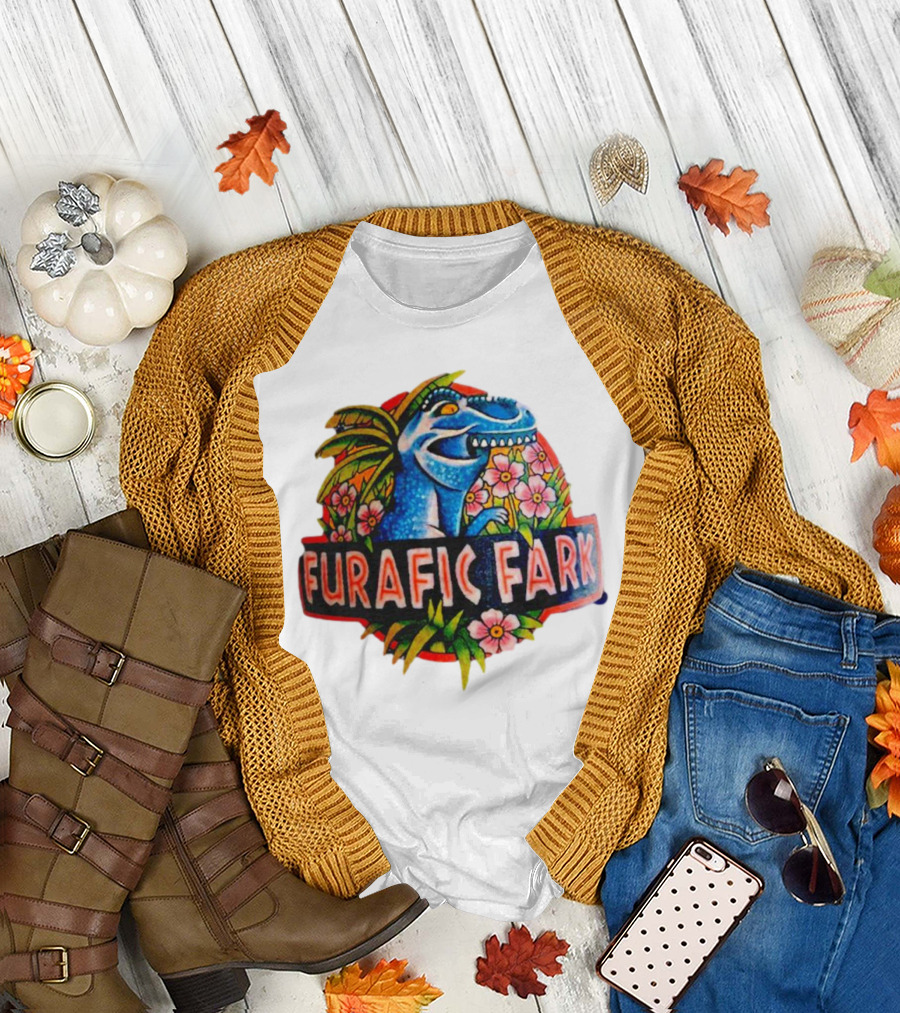 Furafic Fark Dinosaur with Tropical Flowers and Palm Leaves T-Shirt
