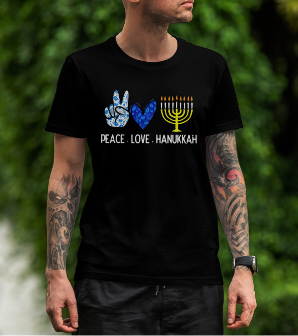 Peace Love Hanukkah Menorah Symbol Blue T-Shirt