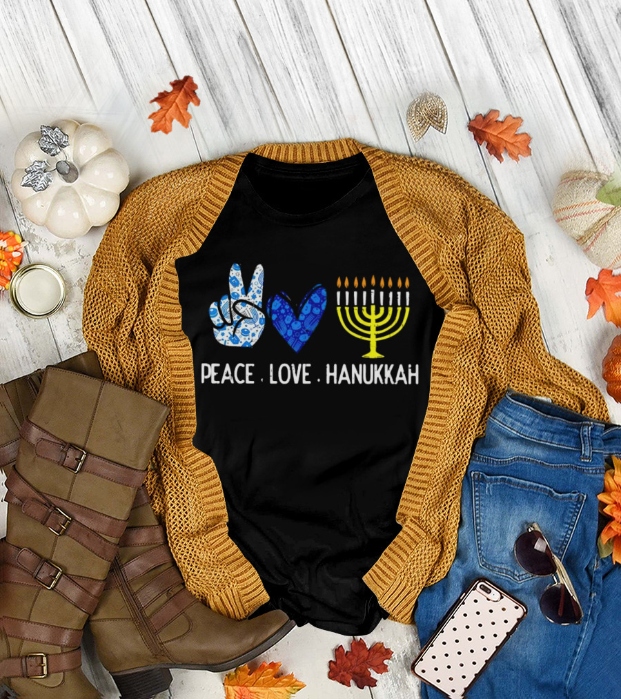 Peace Love Hanukkah Menorah Symbol Blue T-Shirt
