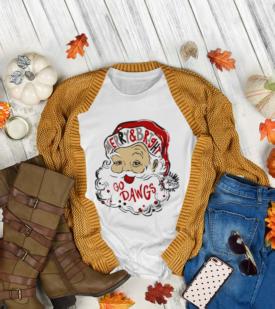 Merry and Bright Santa Claus Go Dawgs Georgia Bulldogs Christmas T-Shirt