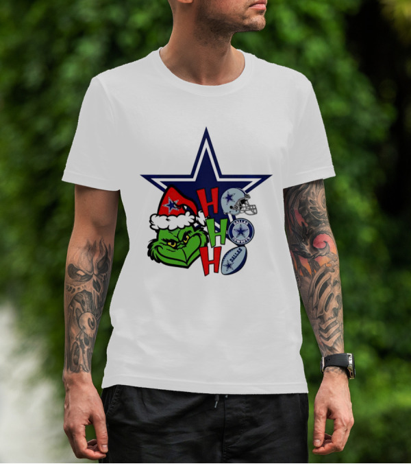 Santa Grinch Ho Ho Ho Dallas Cowboys Christmas Star Helmet T-Shirt