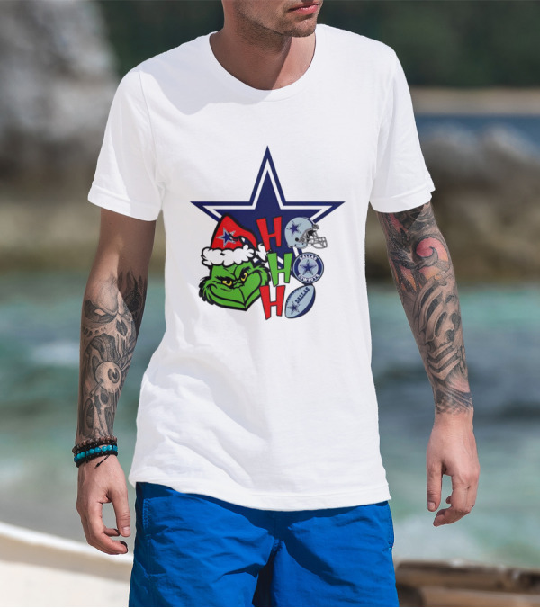 Santa Grinch Ho Ho Ho Dallas Cowboys Christmas Star Helmet T-Shirt
