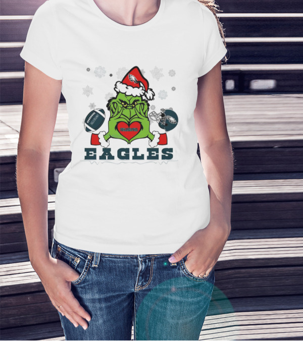 Grinch Santa Heart Philadelphia Eagles Christmas Football Helmet T-Shirt