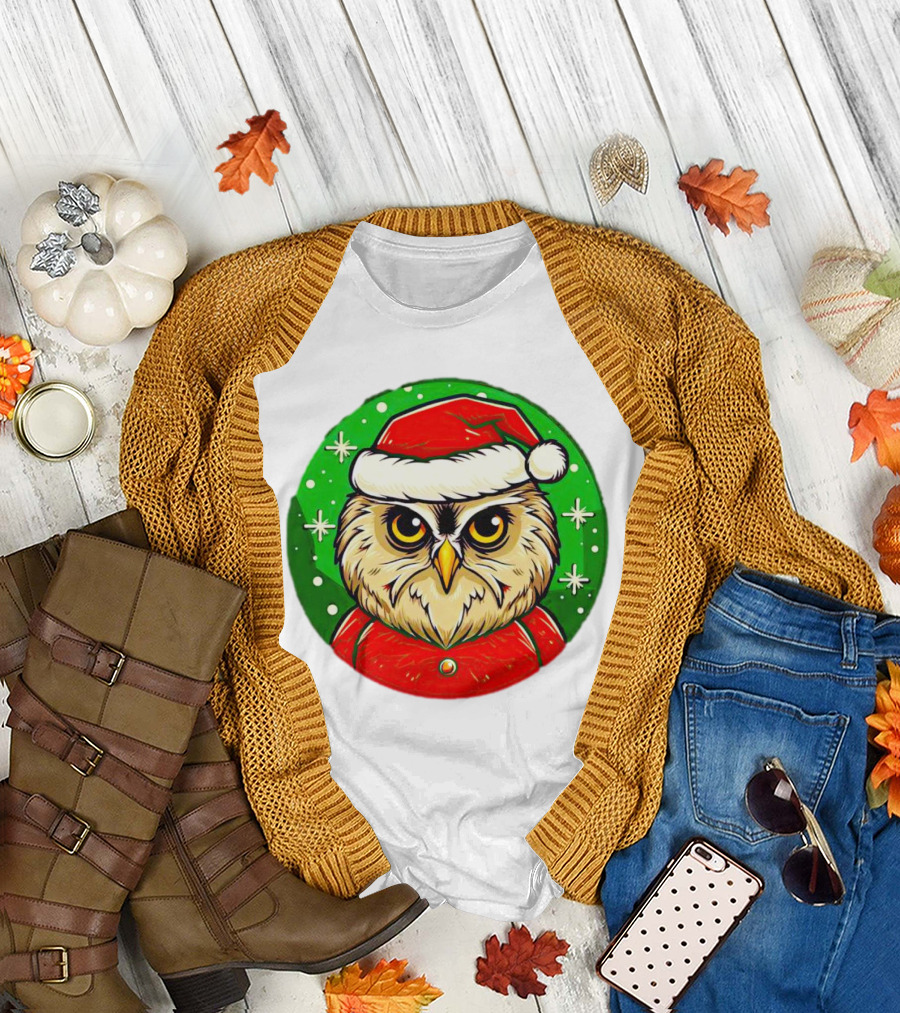 Santa Owl Cartoon Christmas Green Santa Hat Snowflakes T-Shirt