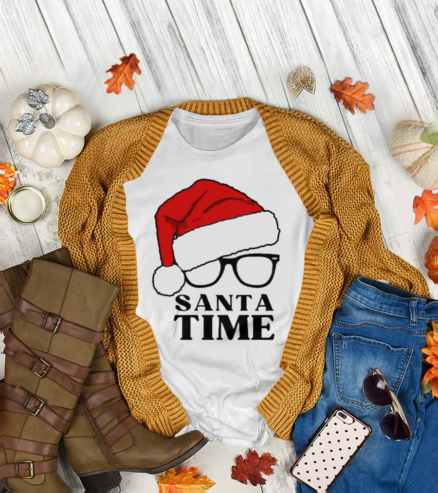 Santa Time Red Hat and Glasses Christmas T-Shirt