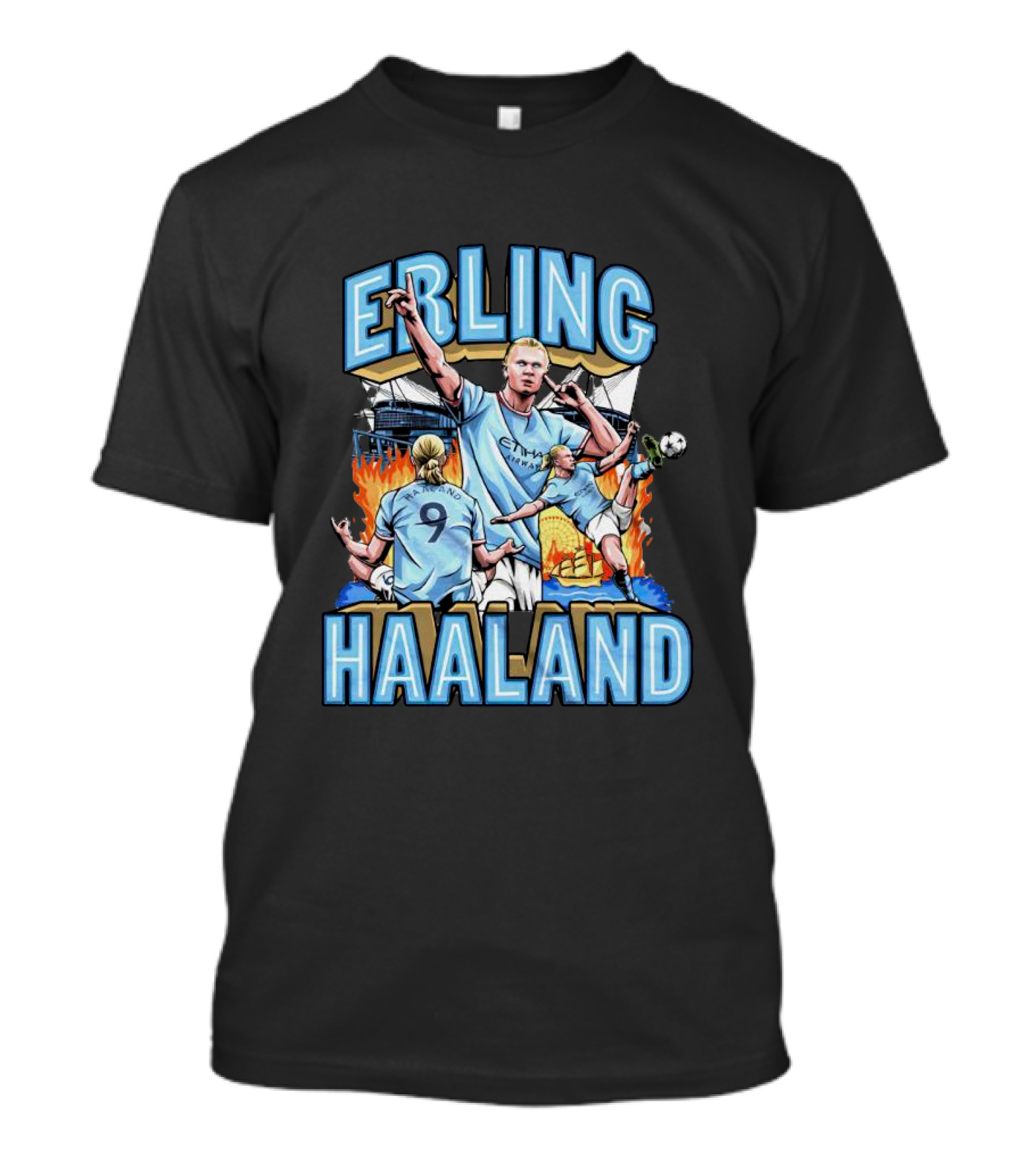 Erling Haaland MCFC Soccer Collage With Fiery Stadium Background T-Shirt