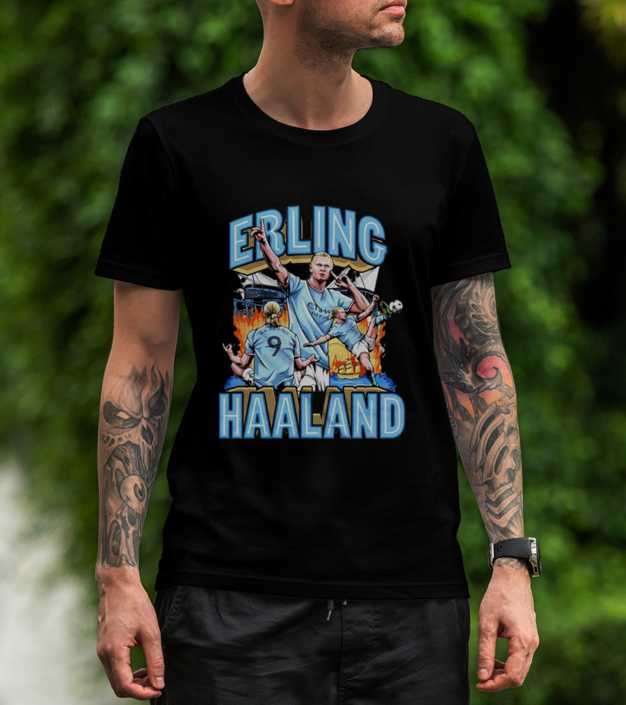 Erling Haaland MCFC Soccer Collage With Fiery Stadium Background T-Shirt