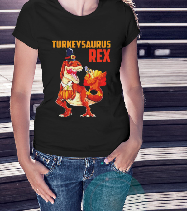 Turkeysaurus Rex Thanksgiving Dinosaur Holding Pumpkin And Turkey With Pilgrim Hat T-Shirt