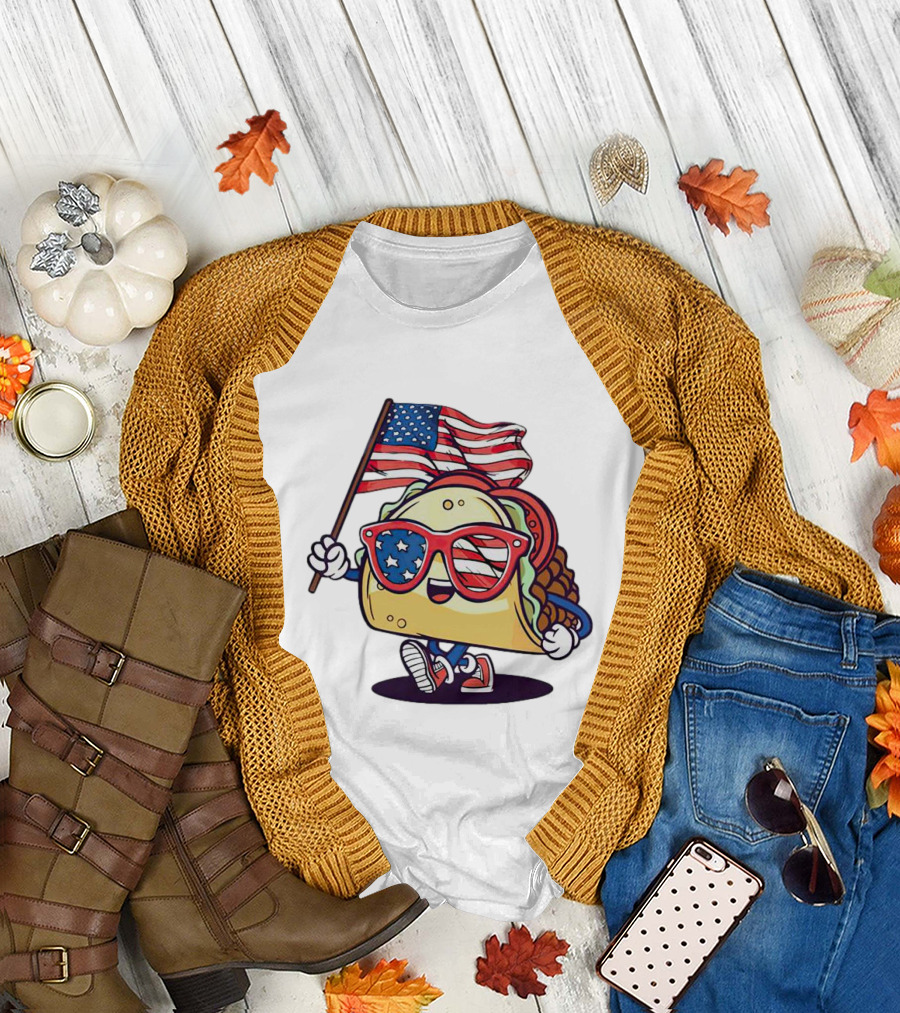 Taco American Flag 4th of July Celebration with Sunglasses and Sneakers T-Shirt