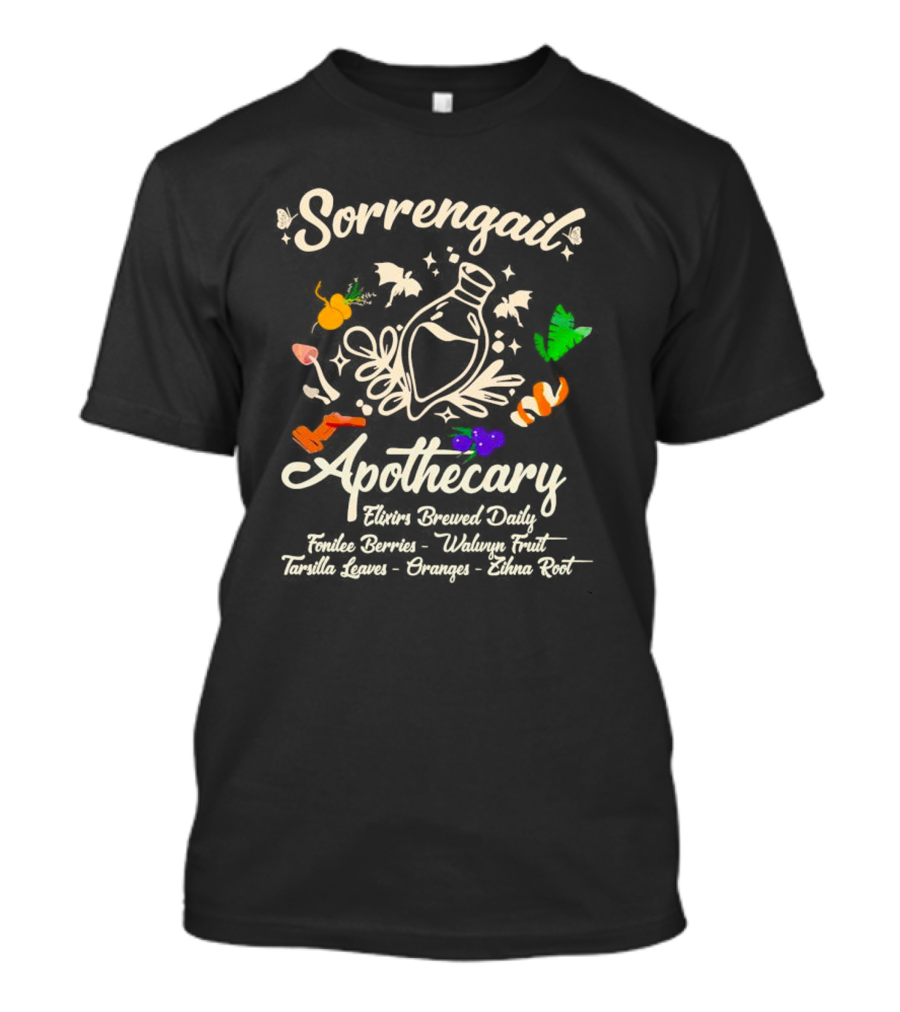 Sorrengail Apothecary Elixirs Brewed Daily Fonilee Berries Waluyn Fruit Tarsilla Leaves Oranges Zihna Root T-Shirt