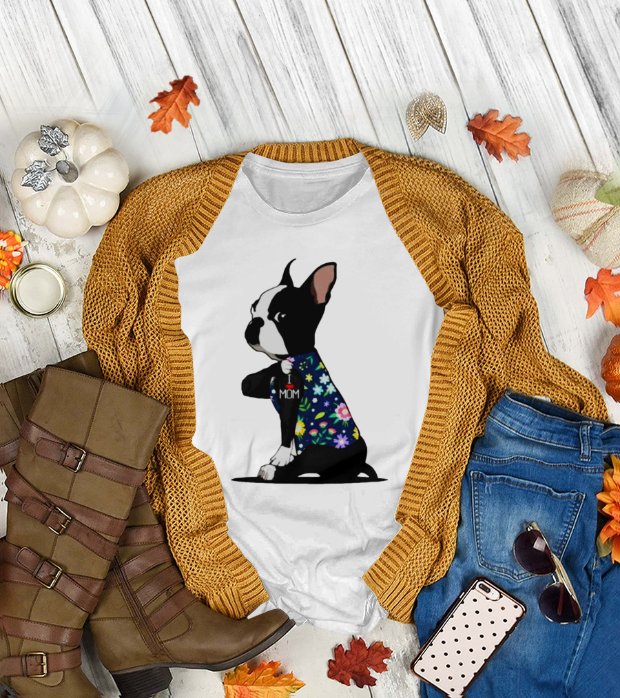 Boston Terrier I Love Mom Flower Tattoos T-Shirt