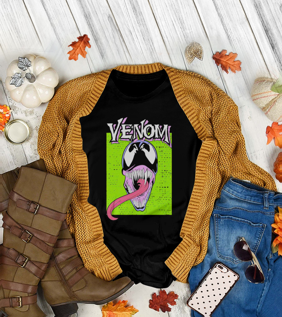 Venom Marvel Neon Pink Tongue Green Background T-Shirt