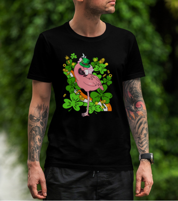 Flamingo St Patricks Day Pink Bird Shamrocks And Leprechaun Hat With Gold Coins T-Shirt
