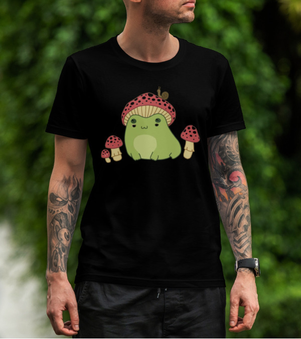 Kawaii Frog Wearing Mushroom Hat With Snail And Red Mushrooms T-Shirt
