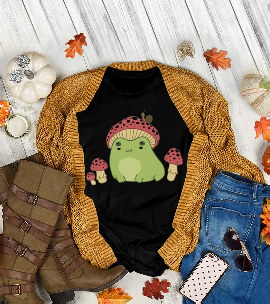 Kawaii Frog Wearing Mushroom Hat with Snail and Red Mushrooms T-Shirt