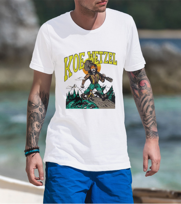 Koe Wetzel Koe Bunyan Lumberjack With Guitar And Dog In Mountain Scene T-Shirt