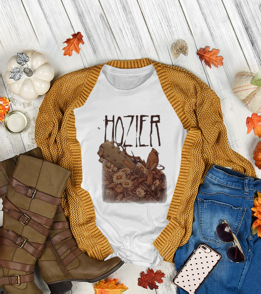 Hozier Original Show Raleigh North Carolina April 20 2024 Acoustic Guitar and Cardinal T-Shirt