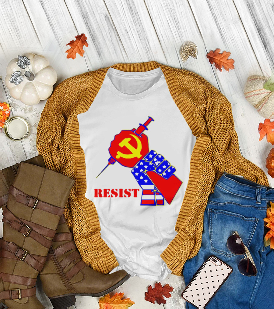 RESIST Communist Hammer and Sickle American Flag Fist Syringe T-Shirt