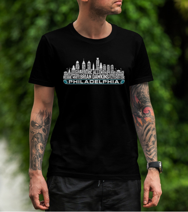 Philadelphia Eagles Football Team Legends Brian Dawkins City Skyline T-Shirt