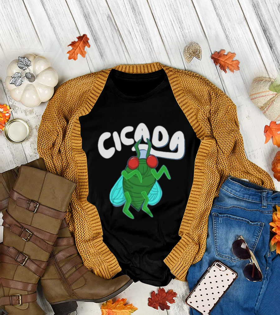 Cicada Cartoon Bug with Green Body and Red Eyes T-Shirt