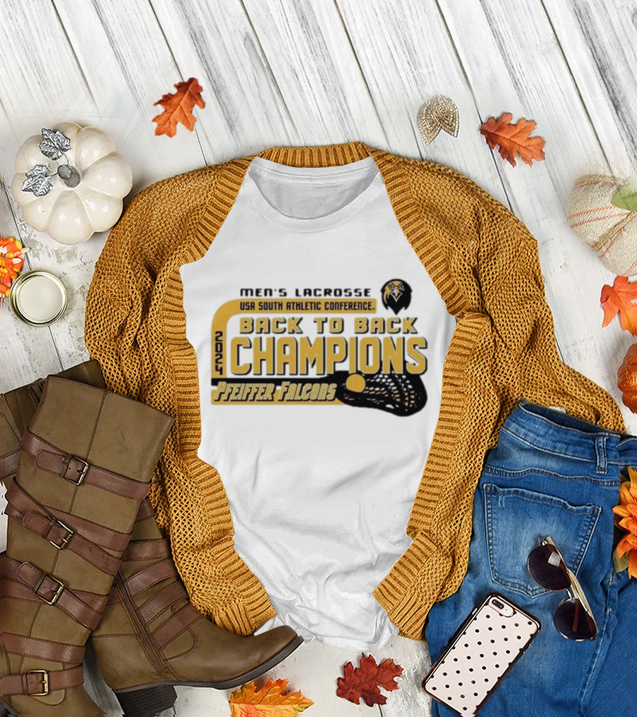 Pfeiffer Falcons Men's Lacrosse USA South Athletic Conference 2024 Back To Back Champions T-Shirt