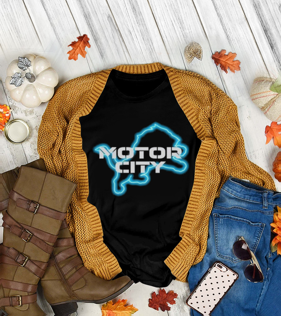 Motor City Neon Detroit Lion Outline T-Shirt
