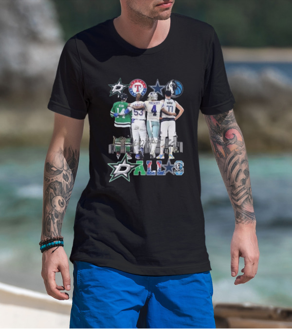 Dallas Stars Texas Rangers Cowboys Mavericks Benn Prescott Ware Doncic Signatures T-Shirt