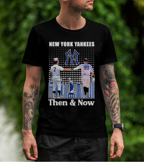 New York Yankees Then And Now Mickey Mantle 7 Aaron Judge 99 Signatures T-Shirt