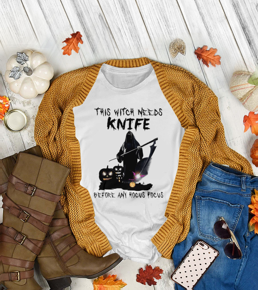 This Witch Needs Knife Before Any Hocus Pocus Halloween Pumpkins Dark Scene T-Shirt
