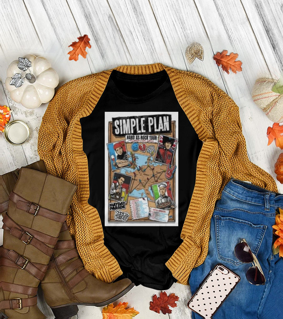 Simple Plan Hard As Rock Tour Europe UK 2024 Mayday Parade State Champs Flyer Map Images T-Shirt