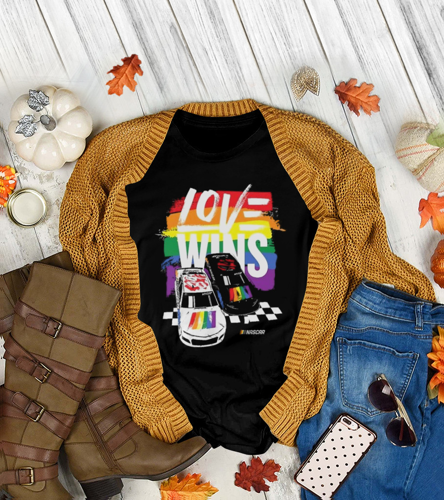 NASCAR Love Wins 2024 Checkered Flag Sports Black Rainbow Pride T-Shirt