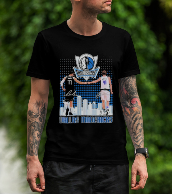 Dallas Mavericks Luka Doncic Dirk Nowitzki Handshake Signatures Skyline T-Shirt