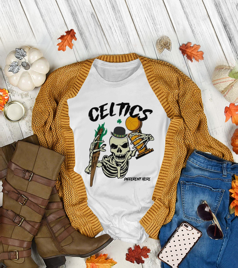 Celtics Skeleton Holding Championship Trophy and Bat with Different Here Text T-Shirt