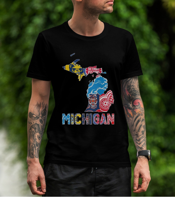 Michigan Lions Wolverines Tigers Pistons Red Wings Map T-Shirt