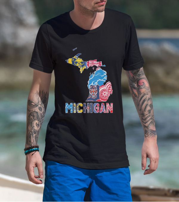 Michigan Lions Wolverines Tigers Pistons Red Wings Map T-Shirt
