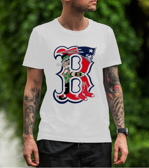 Boston Red Sox B Mashup With Patriots Bruins Celtics Symbols T-Shirt