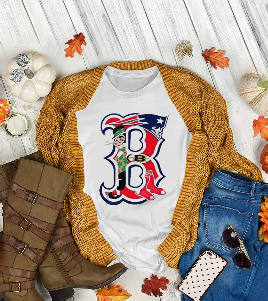Boston Red Sox B Mashup with Patriots Bruins Celtics Symbols T-Shirt