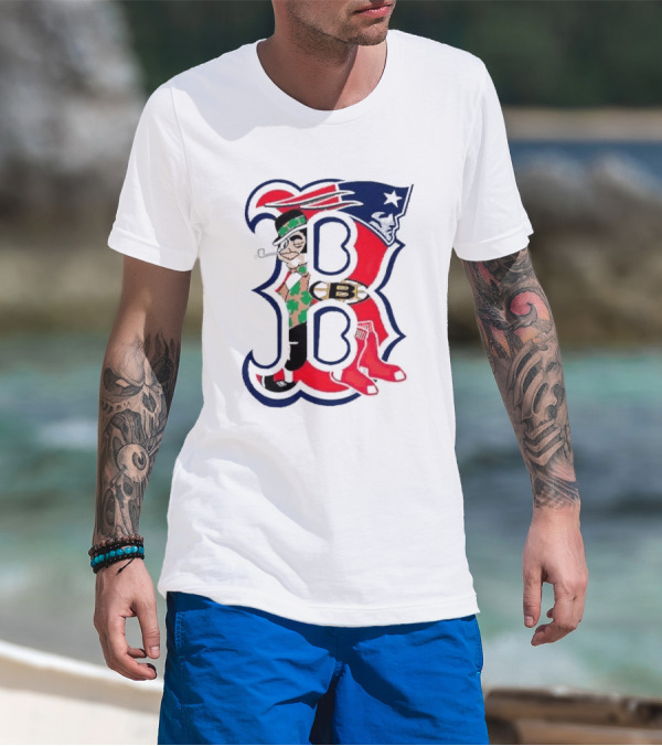 Boston Red Sox B Mashup With Patriots Bruins Celtics Symbols T-Shirt
