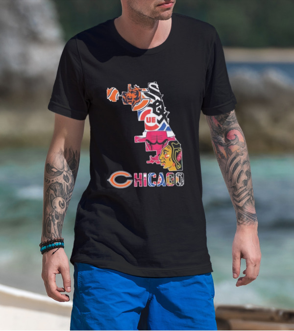 Chicago Cubs White Sox Bulls Bears Blackhawks Maps T-Shirt