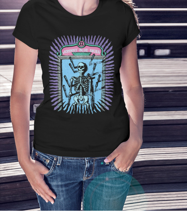 Johnny Blue Skies Skeleton Framed With Knives And Purple Aura T-Shirt