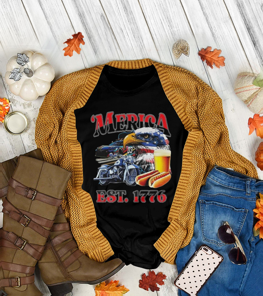 'Merica Bald Eagle Motorbike Beer Hotdogs Cars Est. 1776 T-Shirt