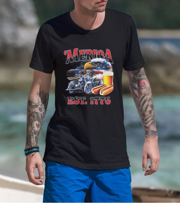 'Merica Bald Eagle Motorbike Beer Hotdogs Cars Est. 1776 T-Shirt