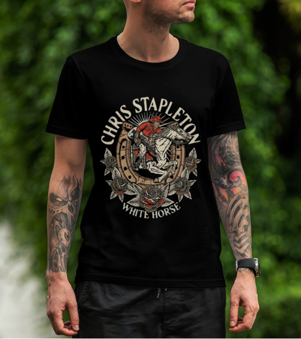 Chris Stapleton White Horse Cowboy Riding With Roses T-Shirt