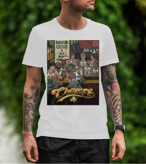 BOSTON CELTICS 2024 WORLD CHAMPS CELEBRATION WITH CHAMPS LETTERING AND CLOVERLEAF T-Shirt