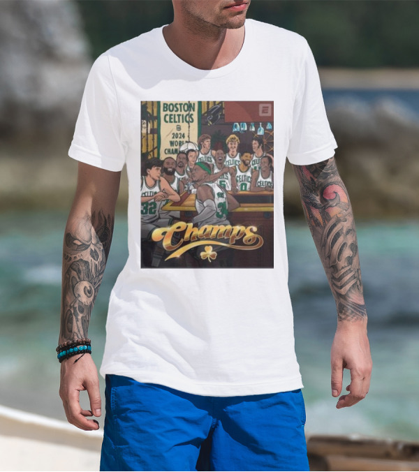 BOSTON CELTICS 2024 WORLD CHAMPS CELEBRATION WITH CHAMPS LETTERING AND CLOVERLEAF T-Shirt