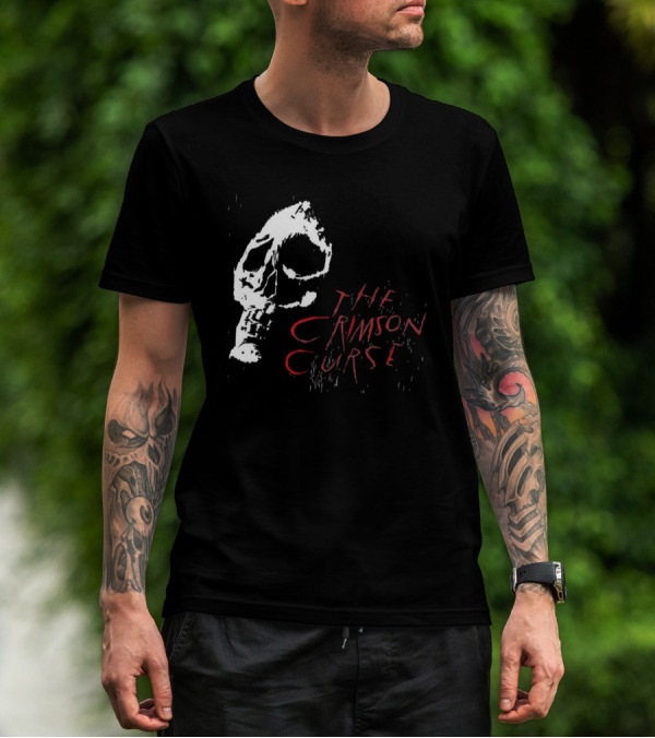 The Crimson Curse Skull White And Red Text With Skull T-Shirt